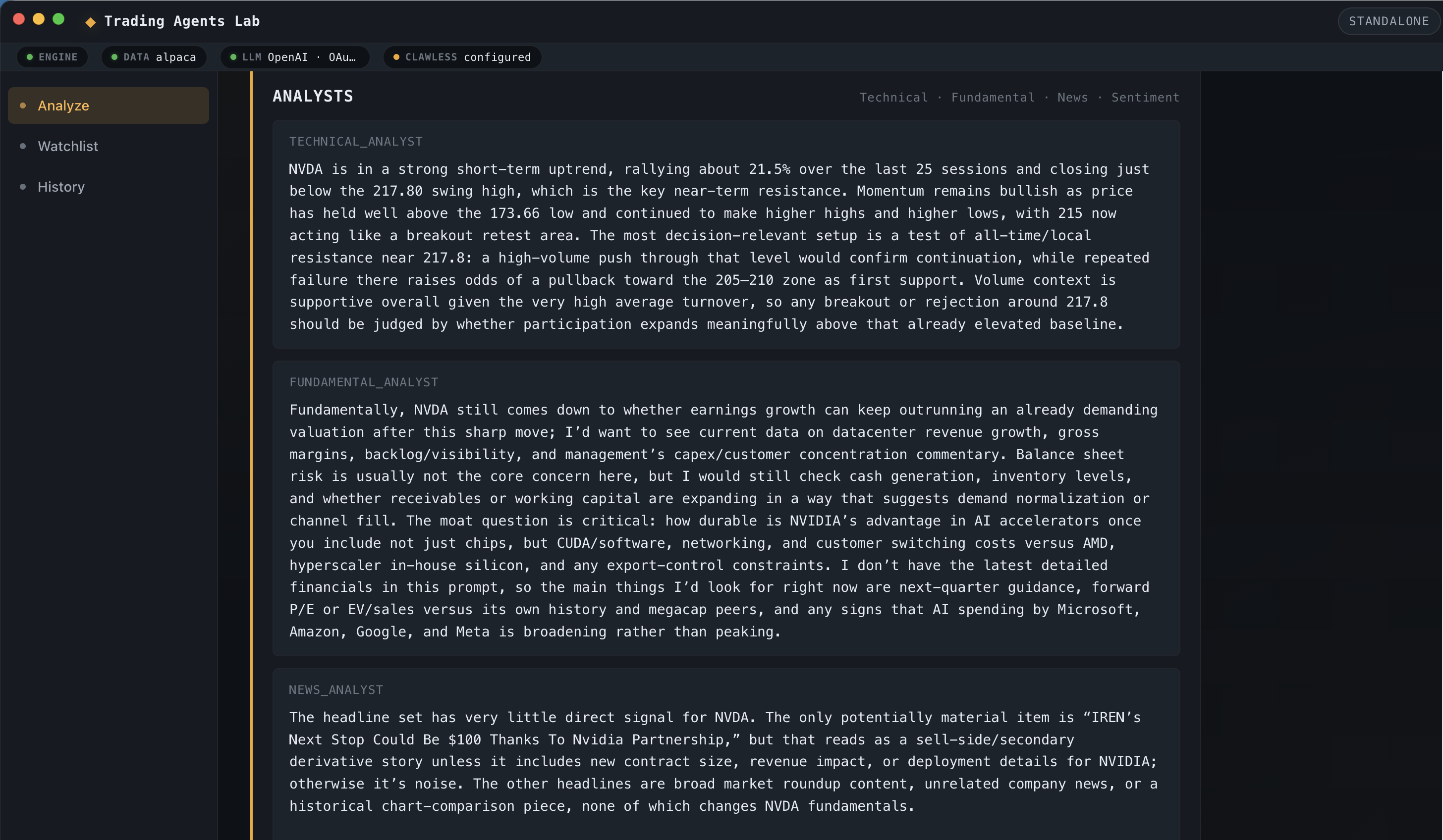 Analyst phase mid-stream, with technical, fundamental, and news analyst messages each tagged with their role and printing reasoning live.