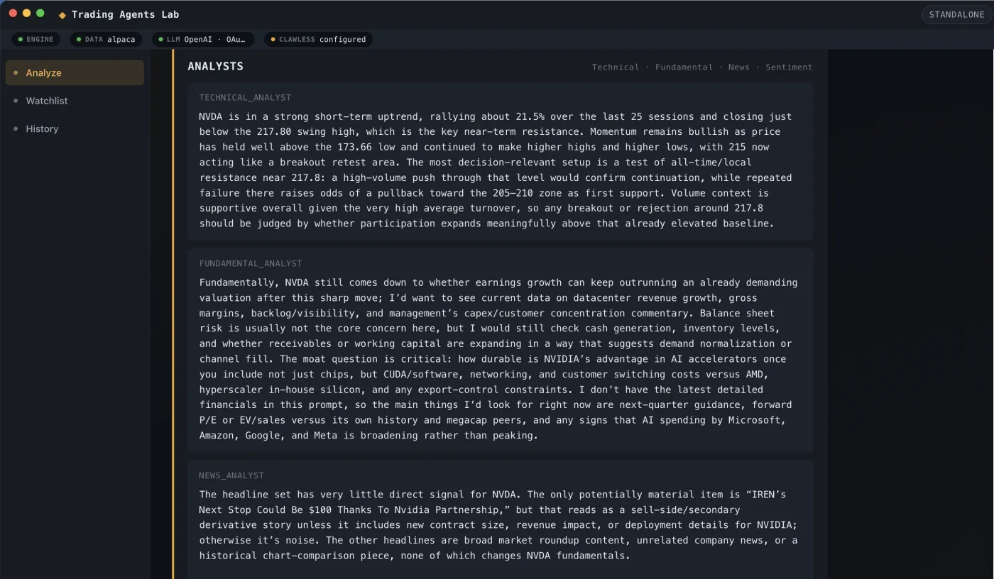 Analyst phase mid-stream, with technical, fundamental, and news analyst messages each tagged with their role and printing reasoning live.