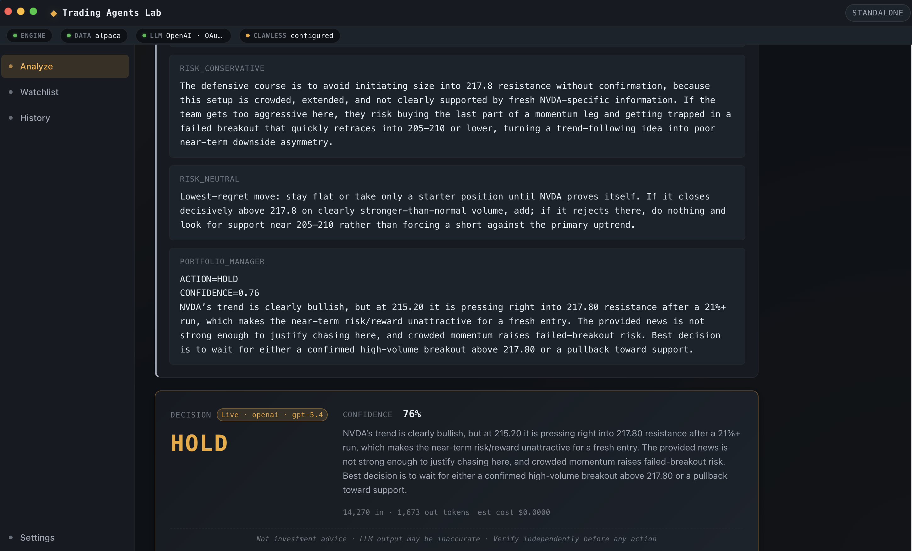 Decision card from the NVDA Diligence run, showing HOLD action with 76% confidence and the Portfolio Manager reasoning, with a not-financial-advice disclaimer printed inline.