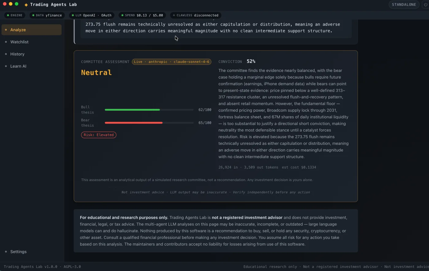 Committee Assessment card from a live Diligence run, showing a Neutral stance at 52% conviction, bull thesis 62 and bear thesis 65 out of 100, an elevated risk chip, the Portfolio Manager reasoning, and a not-a-recommendation disclaimer printed inline.