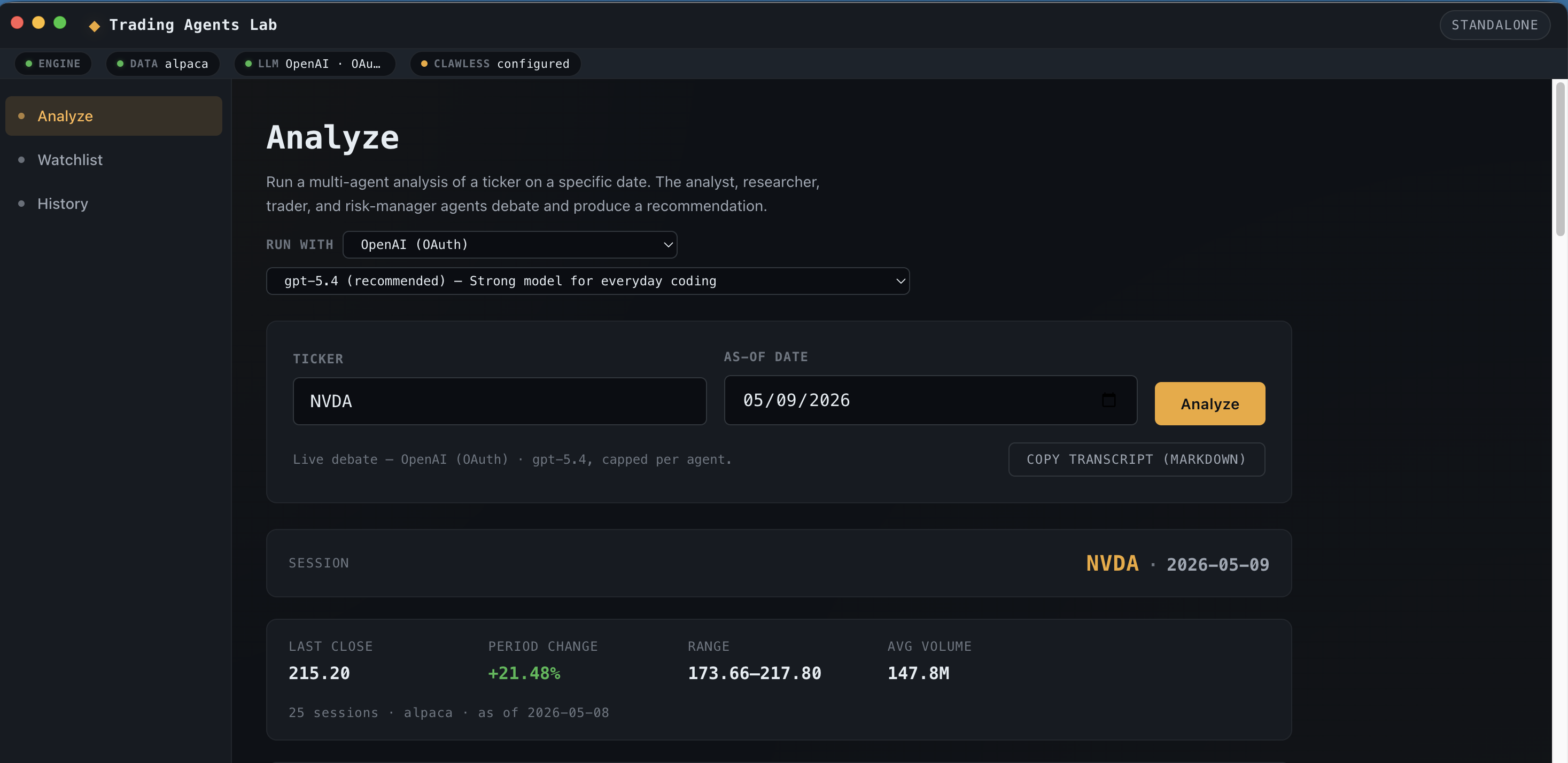 Trading Agents Lab Analyze page with the NVDA ticker filled in, OpenAI gpt-5.4 selected, and a session summary card showing the latest close and period change.