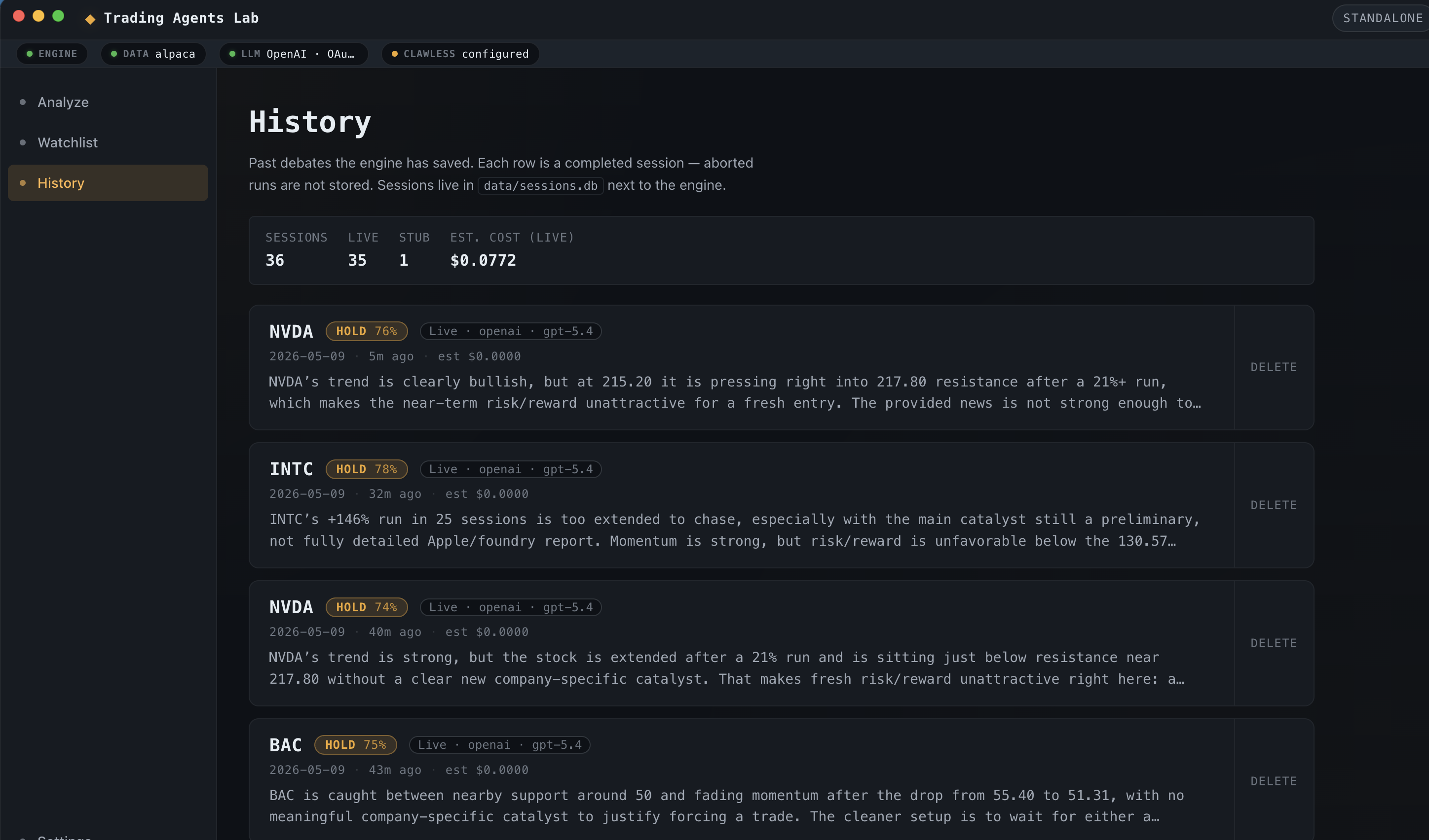 History page listing past Diligence runs with timestamps, tickers, and a sessions count card.
