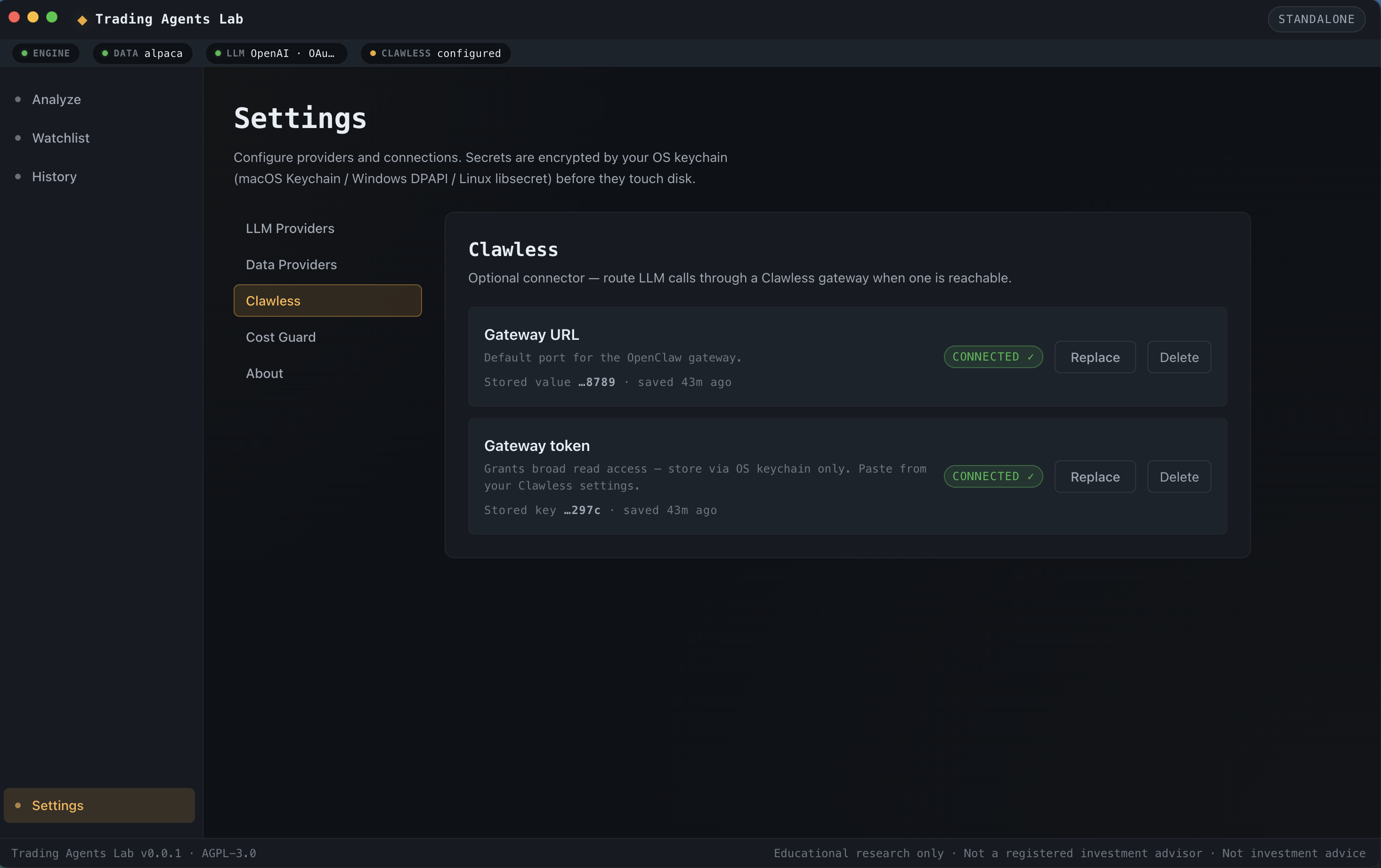 Settings Clawless tab showing the optional gateway URL and token connected status.