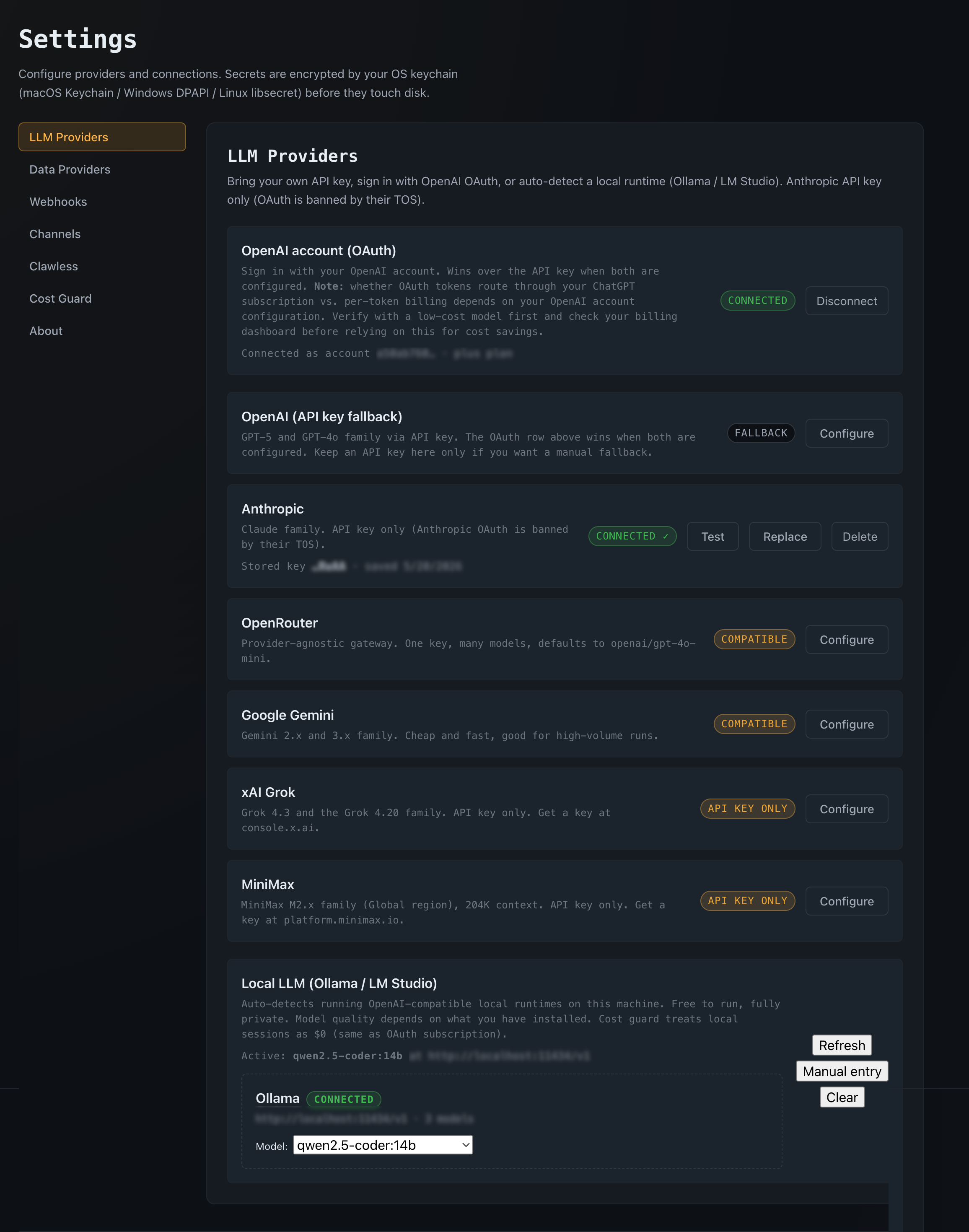 Settings LLM Providers tab listing the supported provider families end to end: OpenAI (OAuth and API key), Anthropic, OpenRouter, Google Gemini, xAI Grok, MiniMax, and a local runtime, with connected providers showing green Connected pills.