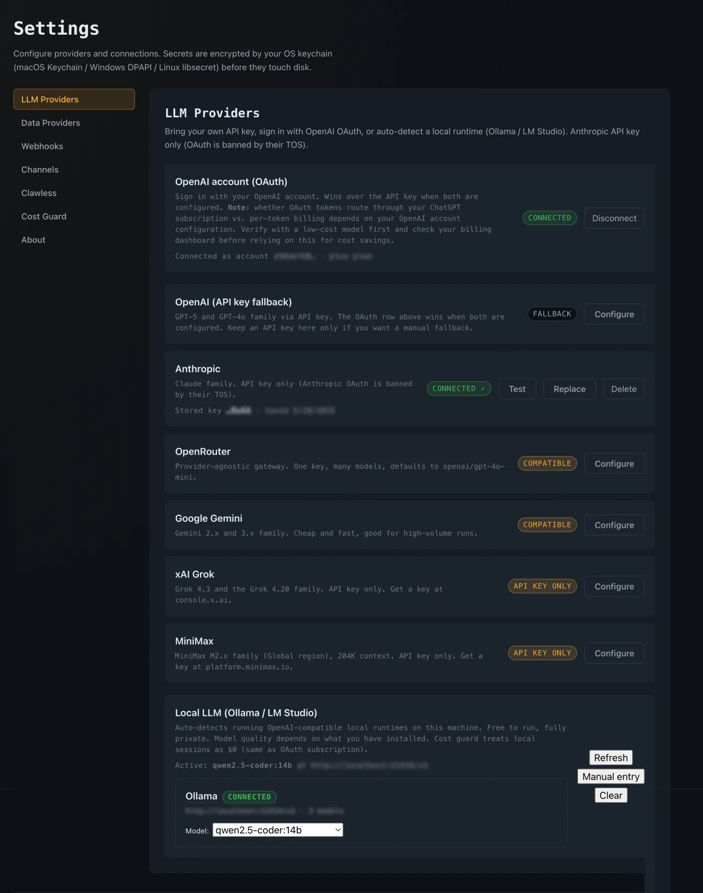 Settings LLM Providers tab listing the supported provider families end to end: OpenAI (OAuth and API key), Anthropic, OpenRouter, Google Gemini, xAI Grok, MiniMax, and a local runtime, with connected providers showing green Connected pills.