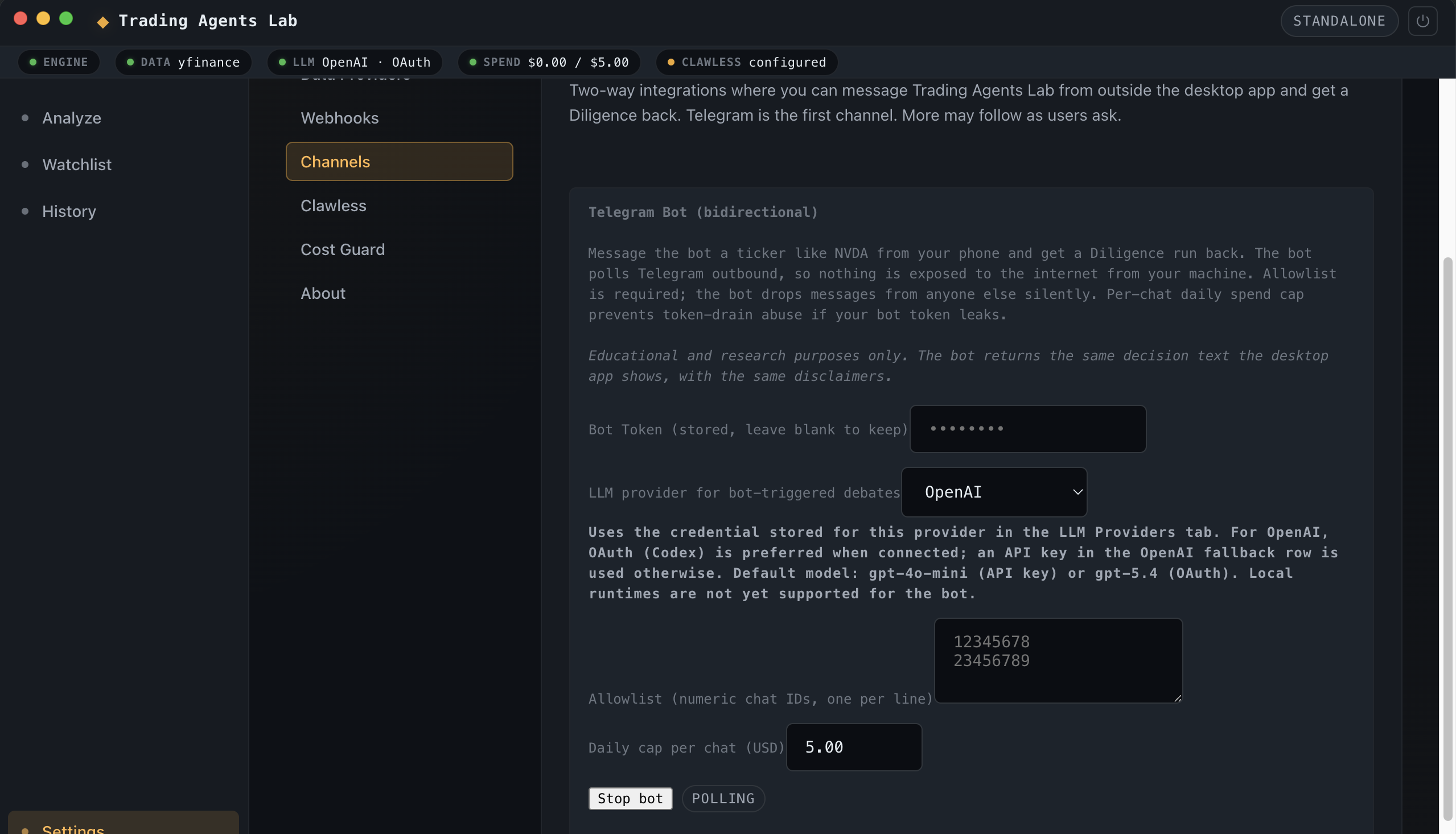 Settings Channels tab showing the Telegram Bot panel with bot token, LLM provider dropdown, allowlist, daily cap, Stop bot button, and POLLING status pill.