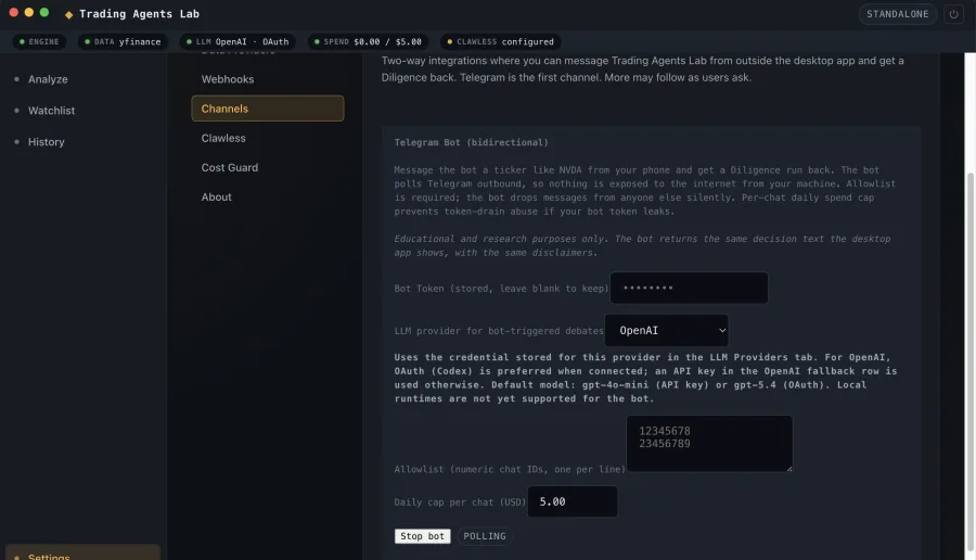 Settings Channels tab showing the Telegram Bot panel with bot token, LLM provider dropdown, allowlist, daily cap, Stop bot button, and POLLING status pill.