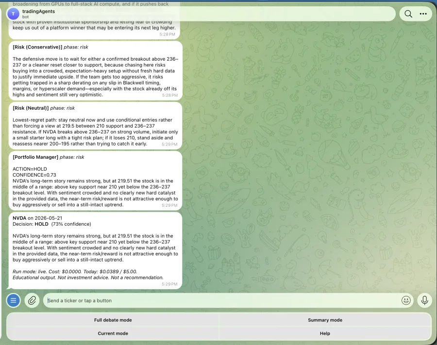 Telegram chat in full mode showing the risk committee (conservative, neutral) and portfolio manager messages, followed by the final decision card.