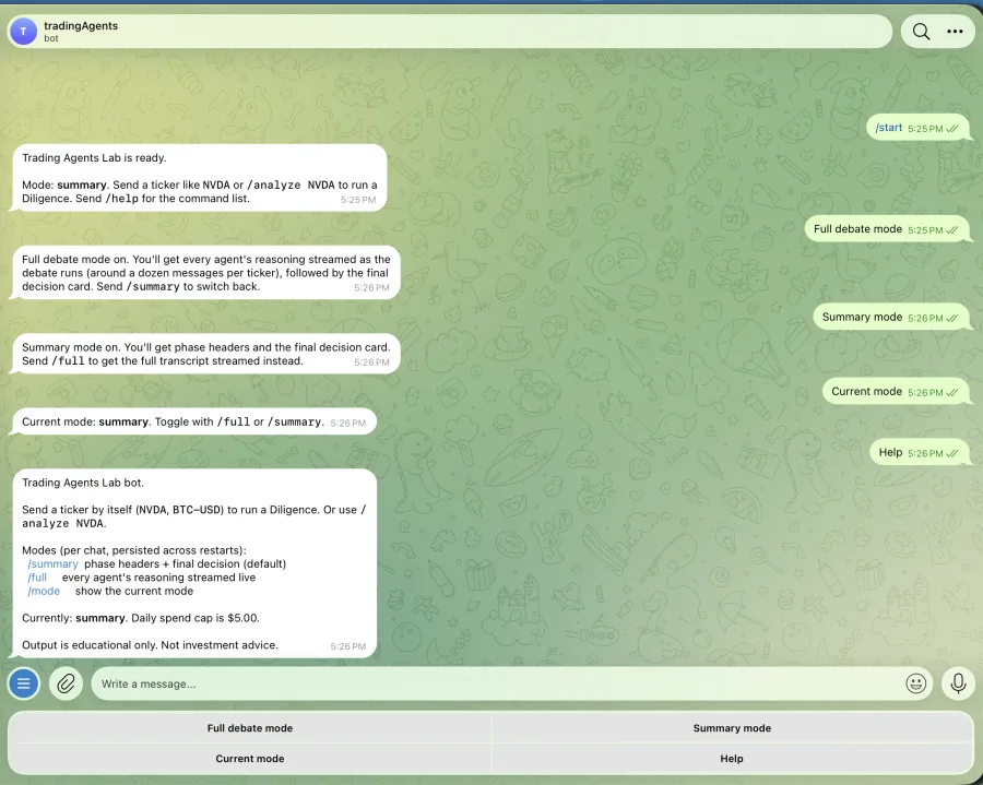 Telegram chat showing the bot's slash-help reply with the full command list, current mode indication, and the persistent two-by-two reply keyboard below the input.