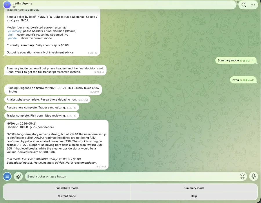 Telegram chat in summary mode showing the bot acknowledging the NVDA request, then phase headers as analysts, researchers, trader, and risk committee complete, then the final decision card with HOLD action and 72 percent confidence.